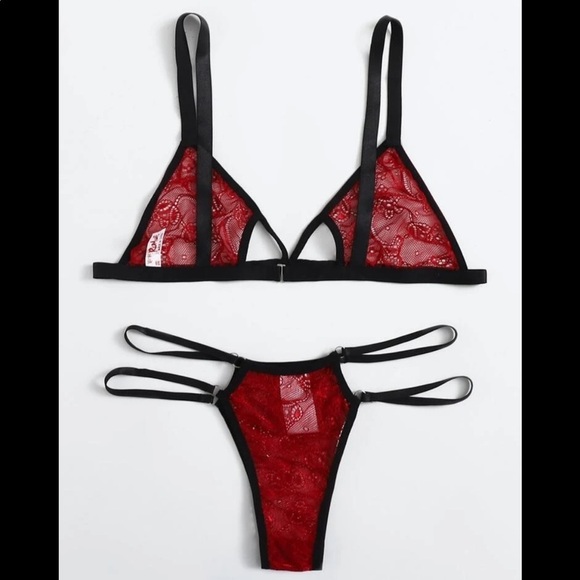 Red & Black Mesh Sheer Bra & Thong Lingerie Set - Picture 2 of 5